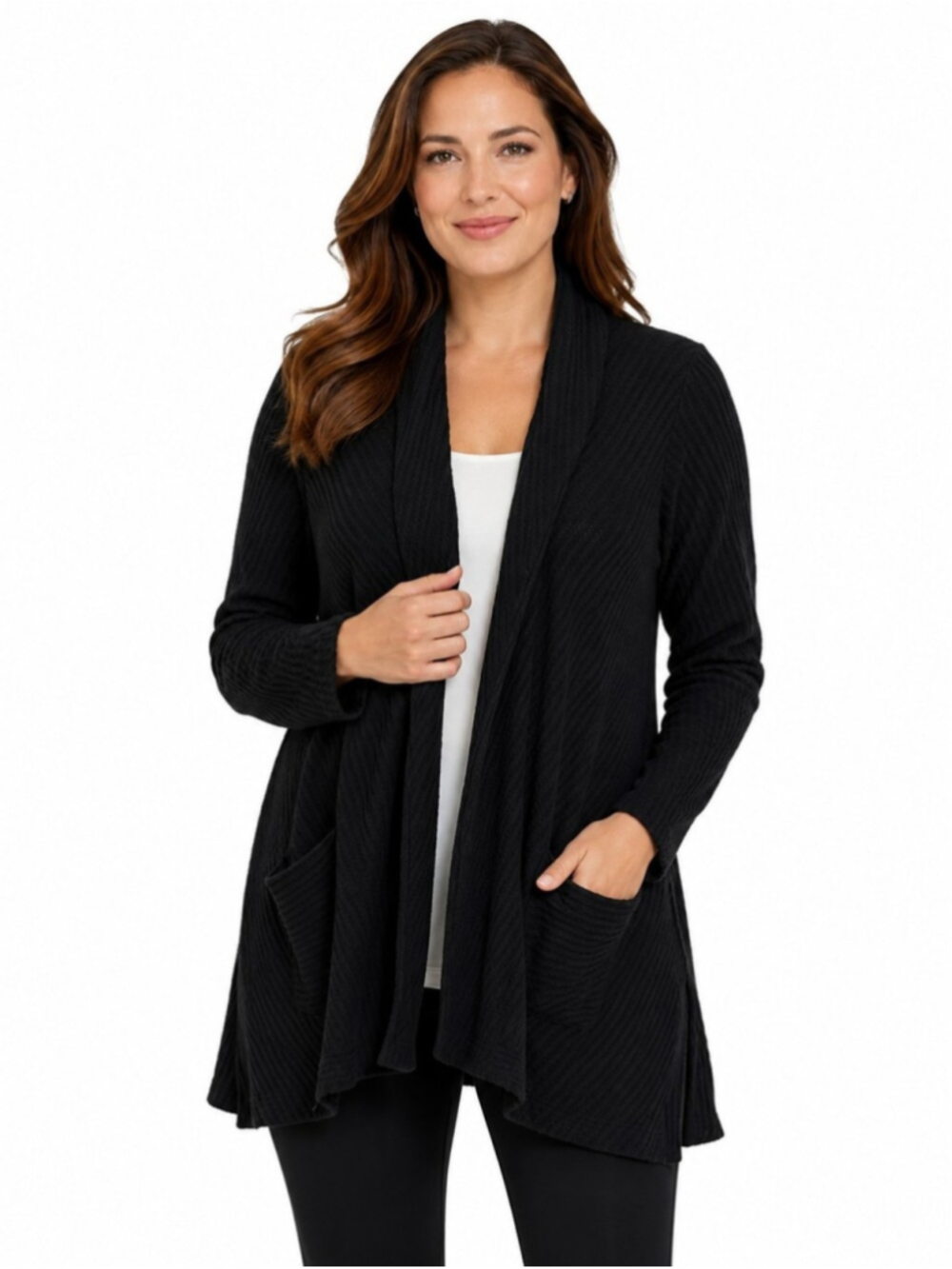 Sympli Waffle Knit Long Open Cardigan Sweater Black Size 10 Made in Canada